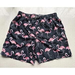 Newport Blue Mens Flamingo Print Swim Trunks Black Pink Large 3 Pocket 7” Inseam